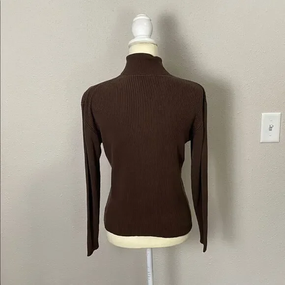 Louben 100% Silk Classic Ribbed Turtleneck Sweater Brown Women's Size M - Picture 10 of 10